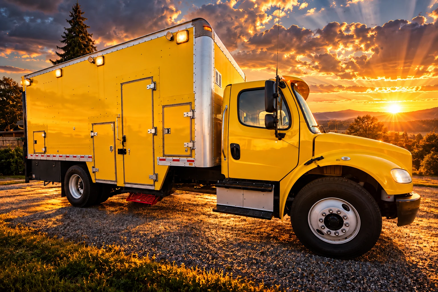 Yellow service truck parked at golden hour
